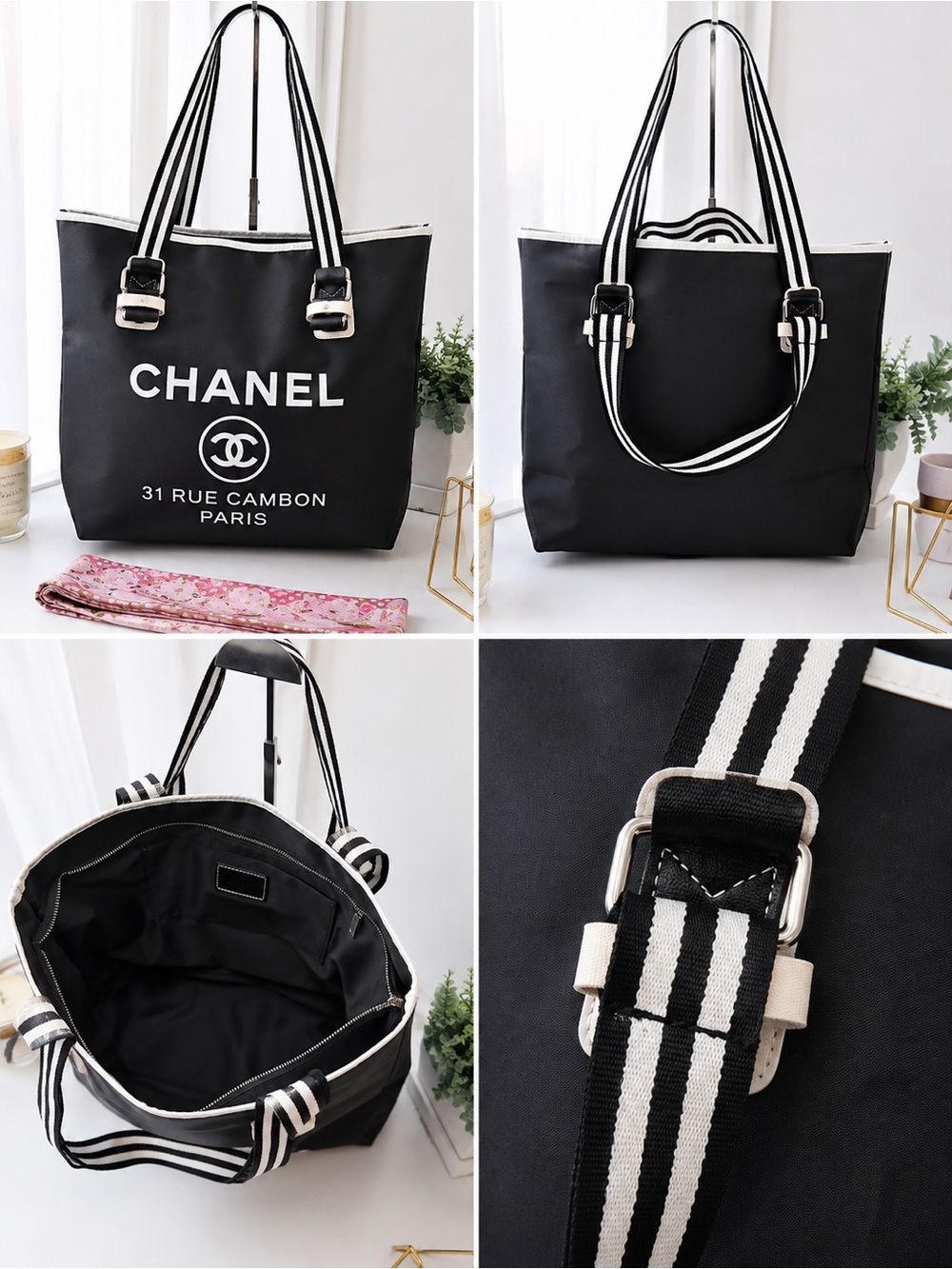 Gift with purchase bag - GWP Black and White Logo Tote w/Striped Handles CHANEL